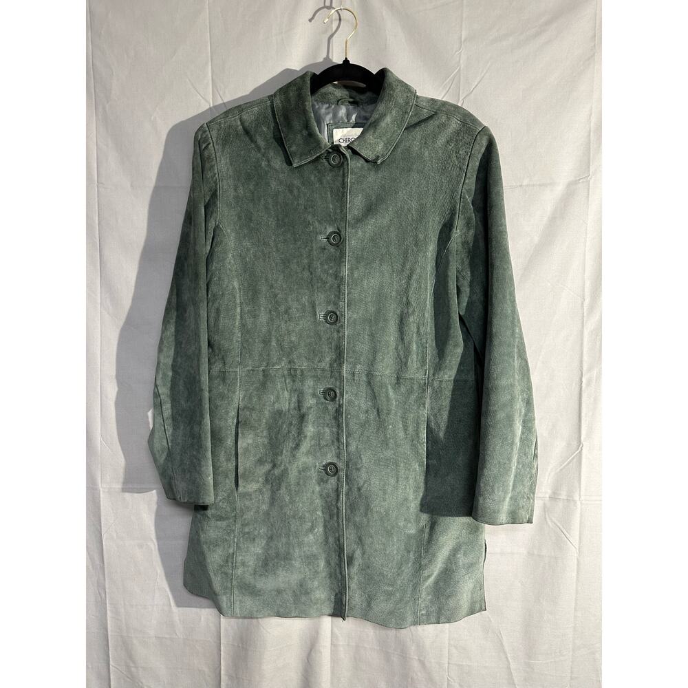 Vintage Leather Jacket Suede Womens Medium Green Button 90s Capsule Minimalist